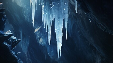 A crystal clear icicle with its tip merging into the stalactites of a cavern.