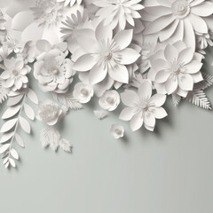 White paper abstract 3D flowers background. Beautiful romantic floral design. 