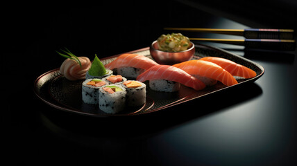 sushi on a plate with elegant cutlery - set of sushi - sushi box	
