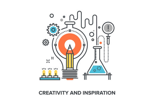 Vector illustration of creativity and inspiration flat line design concept.