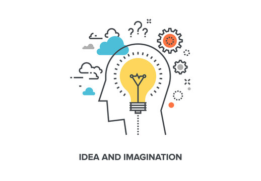 Vector illustration of idea and imagination flat line design concept.
