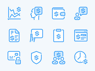 Money, Pay and Dollar vector line icons. Business and Finance outline icon set. Stock market, Price, Financial report, Online payment, Money talk, Hourly wage, Receipt, Safety and more.