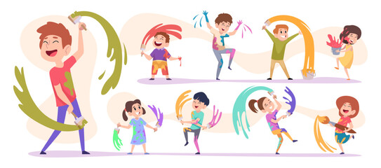 Kids painters. Liquid drops of different paint colors kids coloring outdoor exact vector cartoon happy people
