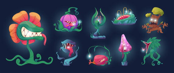 Scary plants. Fairytale scary plants cartoon mascot with teeth exact vector illustrations - obrazy, fototapety, plakaty