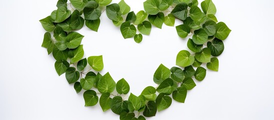 With a white paper background a creative design of a heart made from leaves representing the beauty of nature was displayed on the table showcasing the concept of a unique art piece for Val