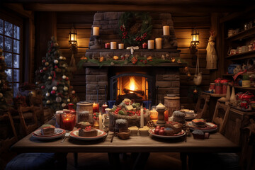 Fototapeta na wymiar Mountain cabin, cozy Christmas: fireplace, decorated tree, holiday feasts, gatherings
