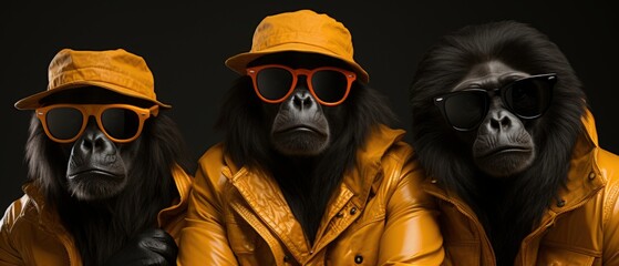 three gorillas in strange hats and sunglasses - obrazy, fototapety, plakaty