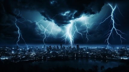 A lightning bolt illuminating a dark sky, superimposed with a city during a blackout. - obrazy, fototapety, plakaty