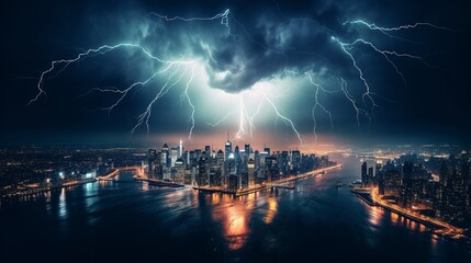 Naklejka na ściany i meble A lightning bolt illuminating a dark sky, superimposed with a city during a blackout.