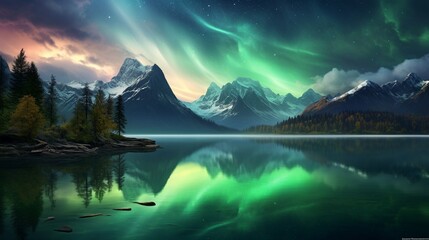 A mountain range with the aurora borealis reflected over a serene lake.