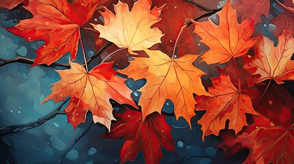 Naklejka na ściany i meble a painting of autumn leaves with drops of water on the leaves and on the ground, on a blue background. generative ai