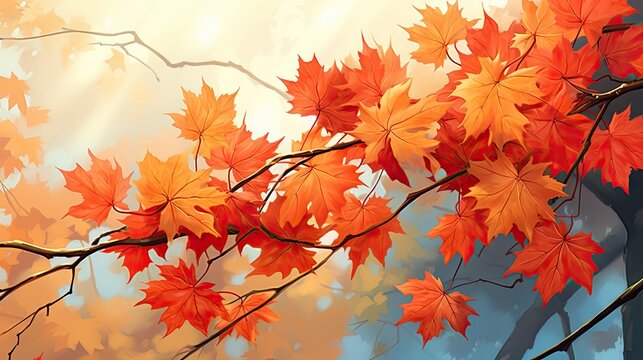  a painting of a tree branch with orange and red leaves hanging from it's branches and the sky in the background.  generative ai