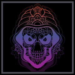 Gradient Colorful Skull head mandala arts isolated on black background.