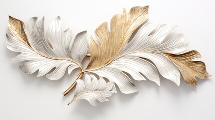  a white and gold leaf wall hanging on a white wall next to a white wall with a white and gold leaf wall hanging on it.  generative ai