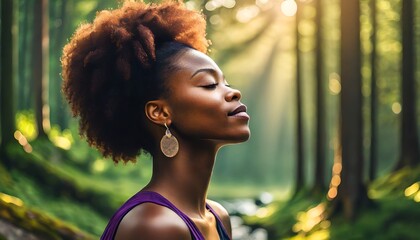 Profile of a relaxed woman breathing fresh air in a green forest - obrazy, fototapety, plakaty
