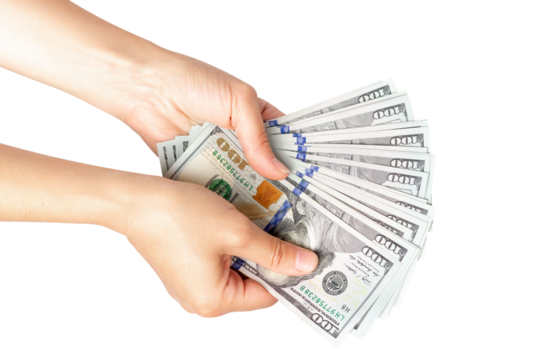 Counting money. Money in hand. Isolated on white background.