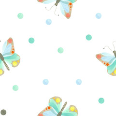 Seamless pattern of cute butterflies in pastel colors and blue spots, circles, peas. Watercolor illustration highlighted on a white background. A set OF ANIMAL FACES. Suitable for textiles, packaging