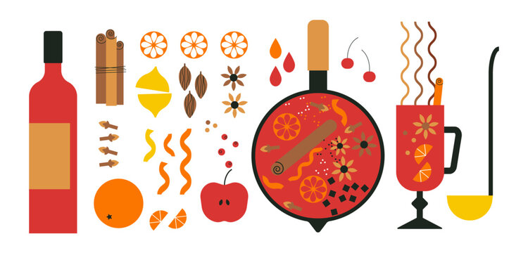 Mulled wine recipe ingredients. Pot with red wine, citrus, spices and berries. Hot glintwine drink with cinnamon, anise star and orange fruit. Saucepan. Winter homemade drink vector set. Cooking class