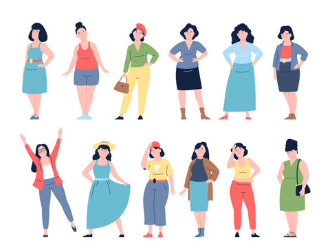 Plump women set. Plus size female, chubby stylish characters in different outfits. Curvy shapes, modern sexy body positive recent vector people