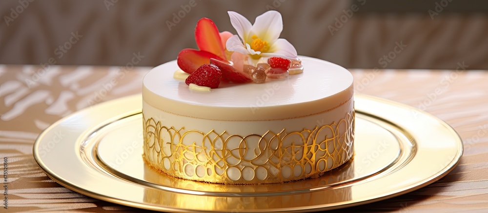 Poster in the background of the isolated room a stunning gold and white cake took center stage perfectly cr