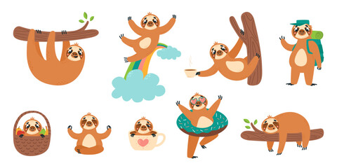 Cute lazy sloths, cartoon cloth in different poses. Isolated animal on branch, in morning cup and basket. Funny classy vector forest characters