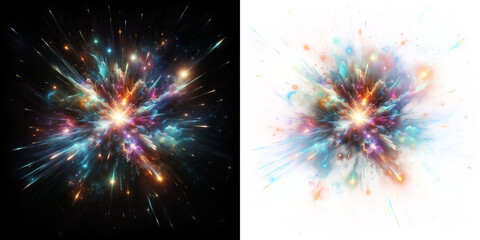 A radiant cosmic nova bursts with iridescent colors against the stark black of space, stars scatter dynamically.  isolated on black and alpha transparent background