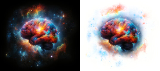 Cosmic brain overlaid with nebulae and stars, vibrant hues on black, evoking solitude in space, isolated on blakc and alpha transparency. - obrazy, fototapety, plakaty