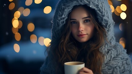 Portrait photography of a happy girl in the morning with hot a cup of coffe during the winter 