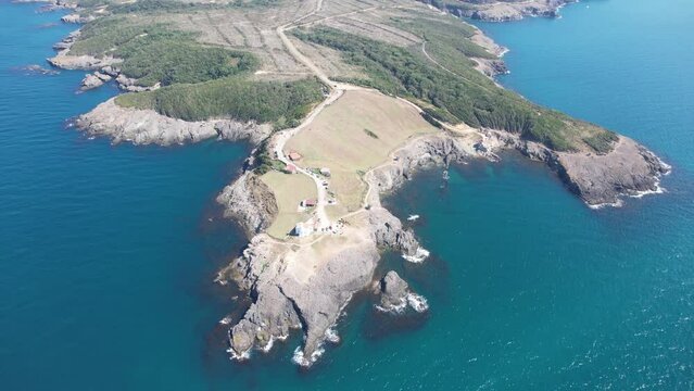 Inceburun Lighthouse in Sinop. Turkey. Inceburun is the northernmost point of the Turkey. Aerial shooting with drone.