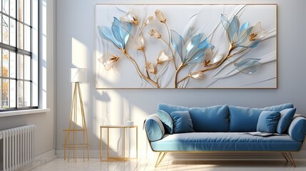  a living room with a blue couch and a painting on the wall above it that has blue flowers on it.  generative ai