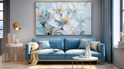  a living room with a blue couch and a painting on the wall above the couch is a coffee table with a vase of flowers on it.  generative ai