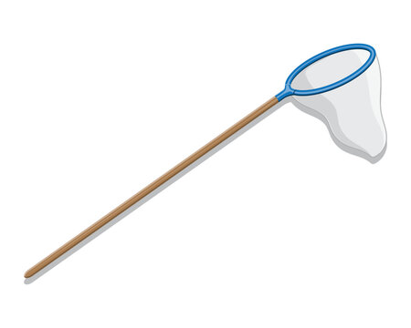 vector design of an insect and bird catcher shaped like a long stick made of brown wood and the tip is a blue circle with a net around it