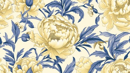  a blue and yellow floral pattern on a white background with blue leaves and flowers on the left side of the image.  generative ai
