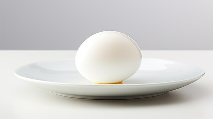 Fototapeta premium an egg sitting on a white plate on a white tablecloth with a gray wall in the backround. generative ai