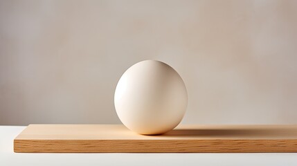  a white egg sitting on top of a wooden cutting board next to a gray wall and a white wall behind it.  generative ai