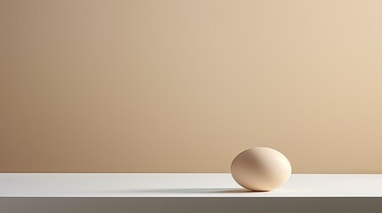  a white egg sitting on top of a table next to a brown and white wall with a shadow on it.  generative ai