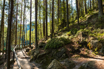 Rocky hiking trail with wooden handrail through forest in Adrspach rocks, Czech Republic