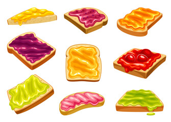Jam toasts. Bread toast with berries jams or melting marmalade and honey, sugar apricot jelly breakfast dessert fruit pink topping, cartoon neoteric vector illustration