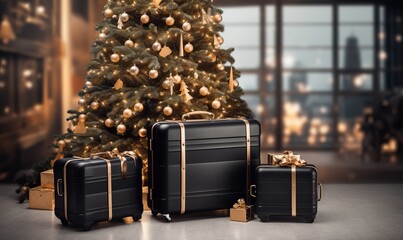 Gold black suitcases near Christmas tree at the airport, luggage x-mas travel design, tree lights...