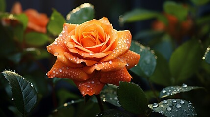 A radiant orange rosebud adorned with dewdrops, standing out in a sea of greenery and blooms.