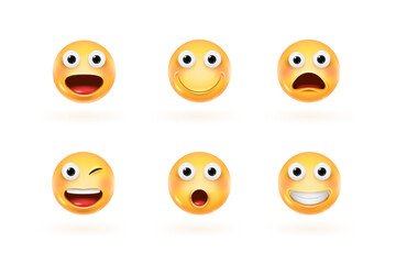 Obraz premium Render emoji faces. 3d smile expressions, isolated smiling emoticon closeup, cartoon character head with happy laugh upset wow emotion for messenger, realistic vector illustration