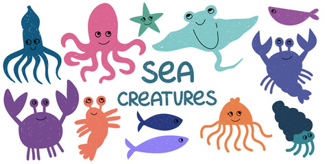 Underwater world, sea creatures Vector cute illustration ocean or sea with octopus, jellyfish, various fish, starfish, crab, shrimp. Drawings for banner, card, postcard