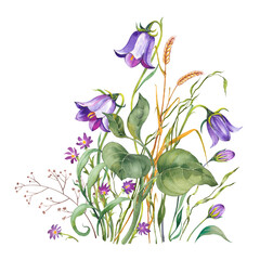 Floral arrangement with purple bellflowers and green leaves. Hand drawn watercolor illustration isolated on white background.