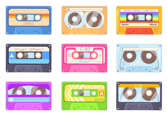 Cartoon stereo cassettes. Analogue tape cartridge compact vintage music player, old school record mixtape stereo technology, colorful audiocassette design, neat vector illustration