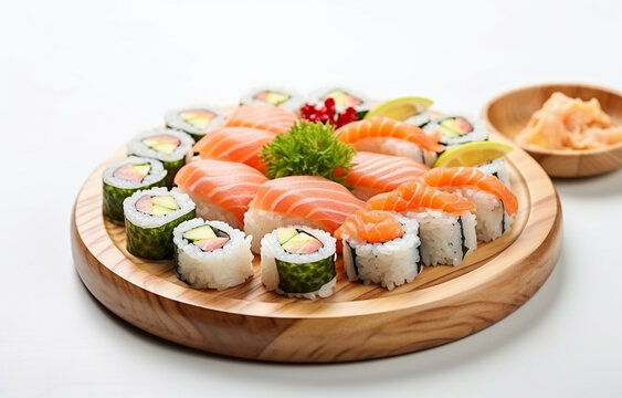sushi on a wooden round plate on a white wooden table