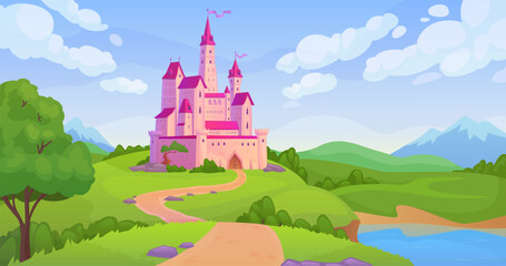 Obraz na płótnie Canvas Fairytale castle landscape. Fantasy medieval palace mountain valley road, ancient fairy kingdom game background old mansion with princess tower, tale ingenious vector illustration