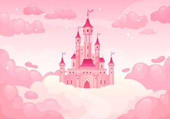 Cartoon castle in clouds. Heavenly castles princesses pink cloud sky, princess home magic kingdom landscape dream house flying heaven, game background ingenious vector illustration