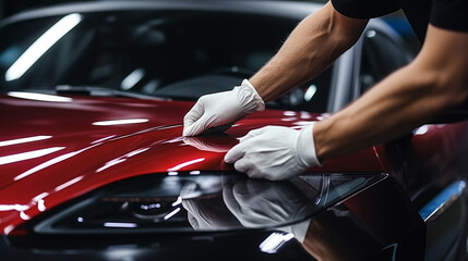 Car polishing. Close-up of male hands in gloves polishing red car.  - obrazy, fototapety, plakaty
