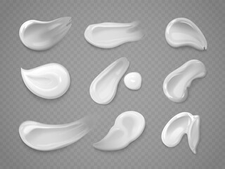 Realistic cream smears. Cosmetic cream toothpaste smear swatch, fluid creme splatter serum milk foundation texture, face skincare lotion white gel, beauty exact vector illustration