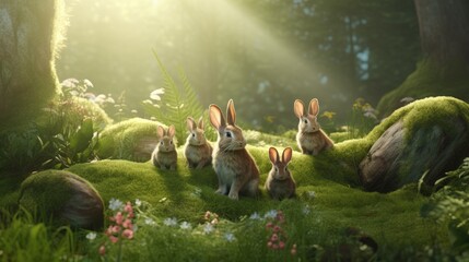  a group of rabbits sitting in the middle of a lush green field in front of a group of trees and bushes.  generative ai - obrazy, fototapety, plakaty